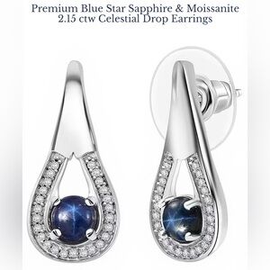 Premium Blue Star Sapphire (DF) and Moissanite 2.15 ctw Celestial Drop Earrings
